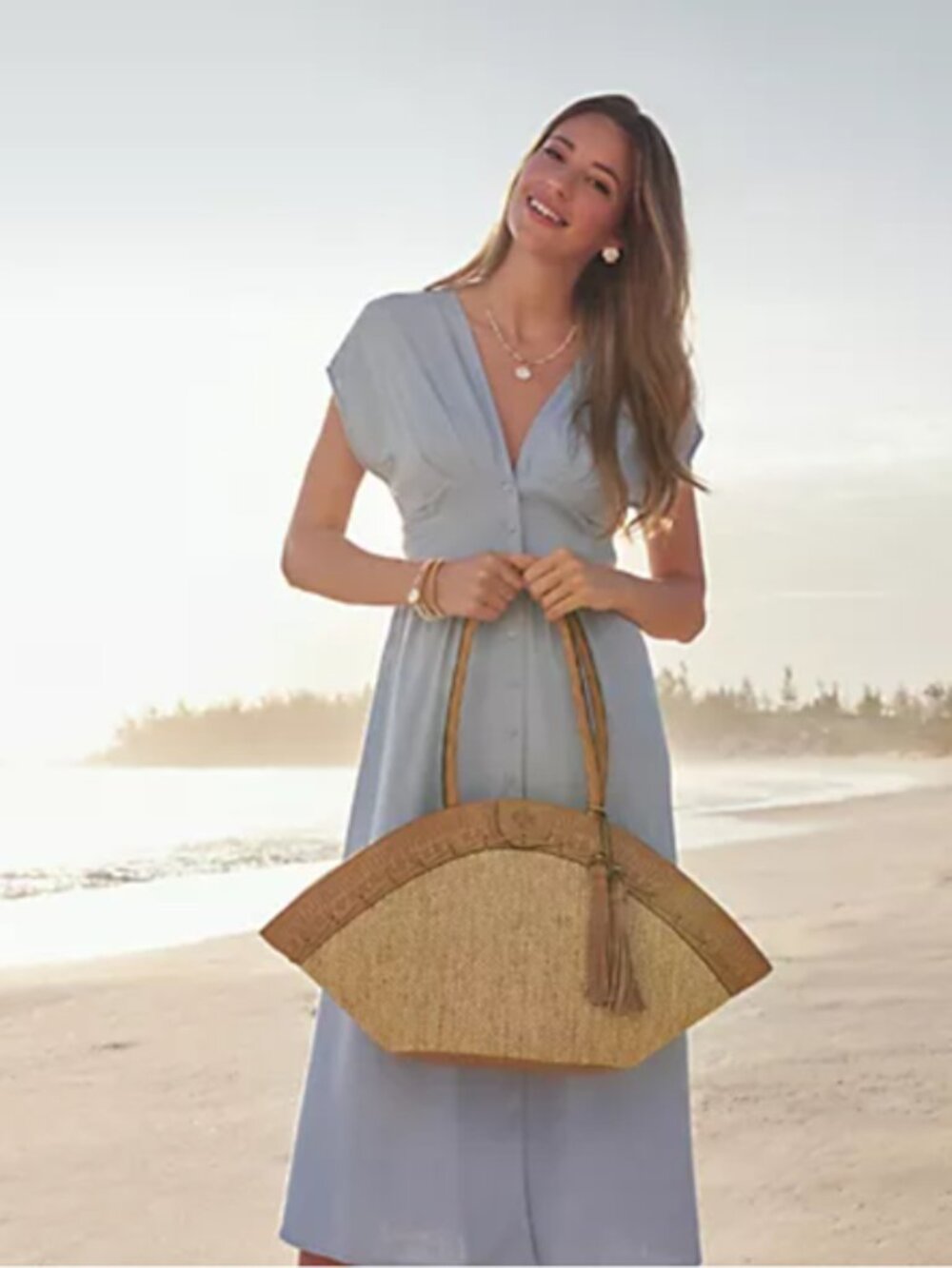 Patricia Nash Trope Raffia Dome Fan-Shaped Tote Leather Trim & Tassel - Natural